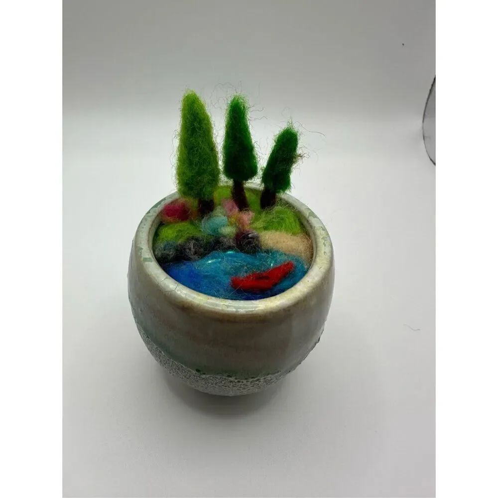 Painted terracotta Needle Felted 3D Landscape Art, kayak, Pine, MADE TO ORDER